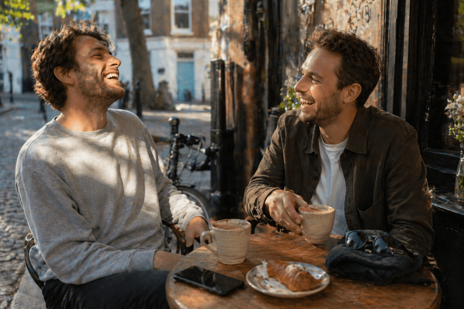 Two friends laughing together at a sunlit outdoor café table on a UK side street.