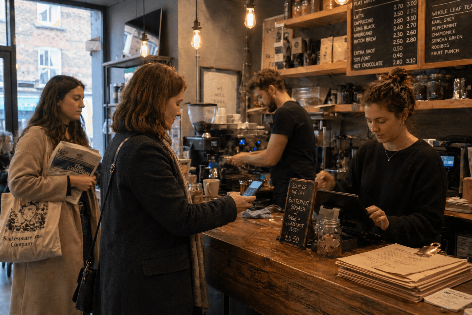A busy independent UK café mid-service, two baristas working in parallel while a customer pays with their phone at the counter.