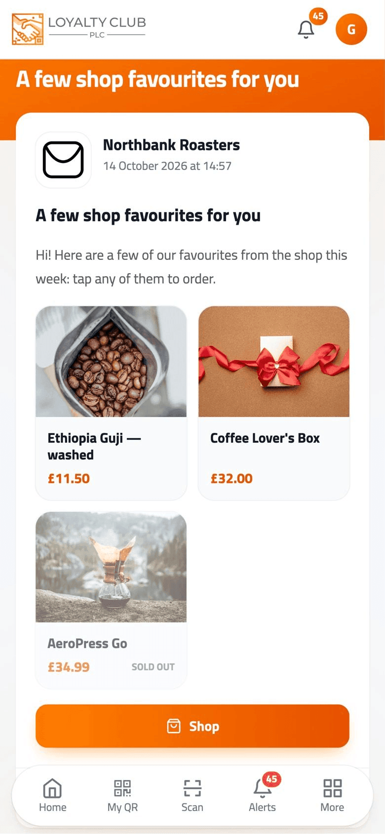 A Northbank Roasters message open in the members app on a phone, with product cards under the message and a Shop button.