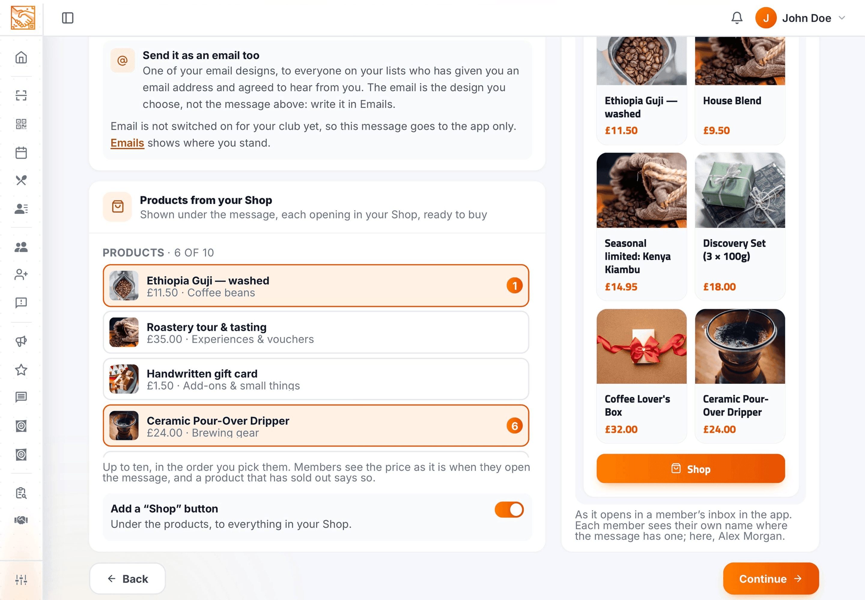 The Partners Portal message wizard with six Shop products picked and the How members see it preview beside them.